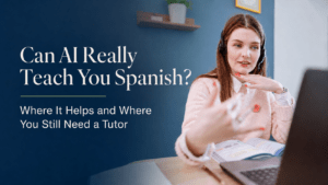 Adult learner practising Spanish online with AI and tutor support