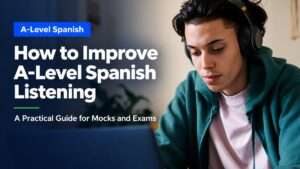 A-Level Spanish student practising listening skills before a mock exam