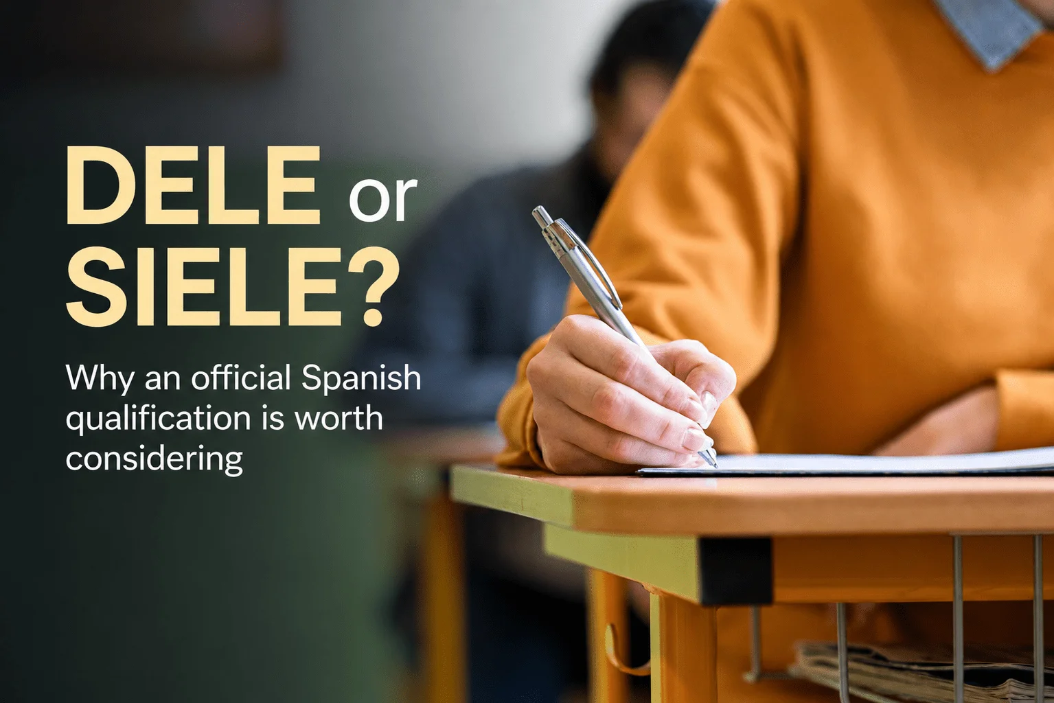 Adult learner preparing online for a DELE or SIELE Spanish exam.