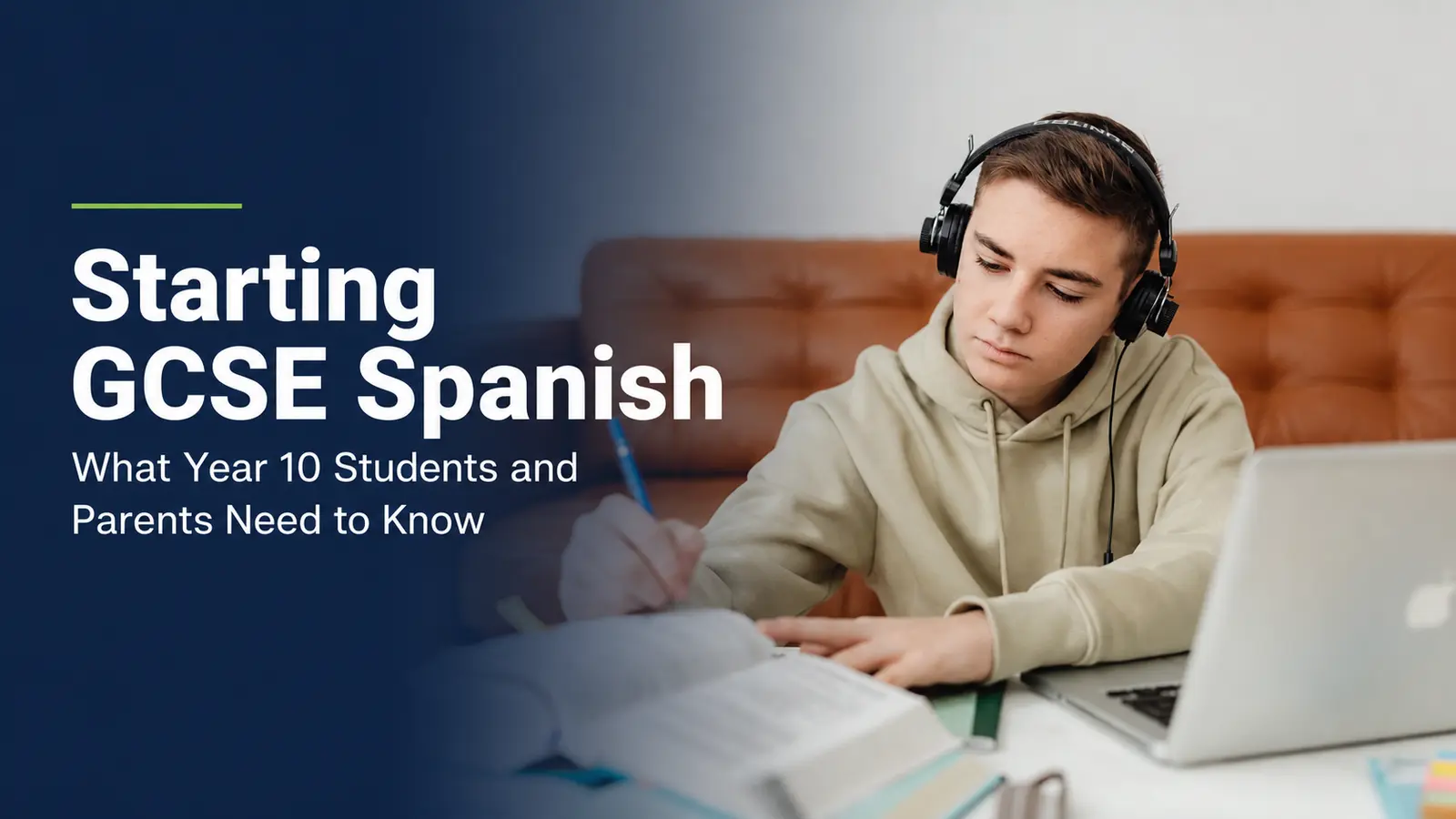 Year 10 student studying GCSE Spanish with headphones and a laptop