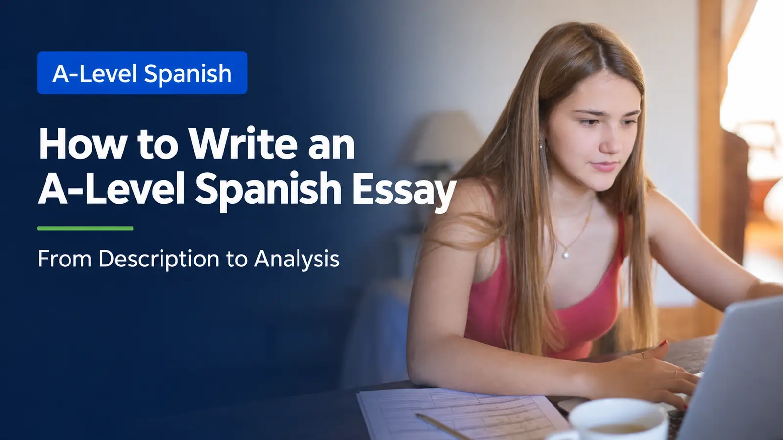 A-Level Spanish student planning an analytical essay on a laptop
